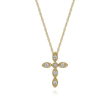 GABRIEL & CO- 14K Yellow Gold Marquise Shaped Diamond Cross Necklace D.09TW
